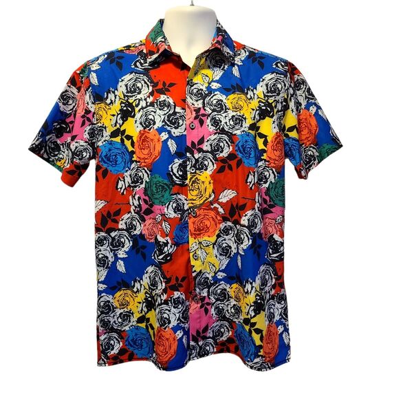 Fresh Prints Mens Shirt Size S Rainbow Colors Roses Print Rose Bowl Stretch - Picture 1 of 9
